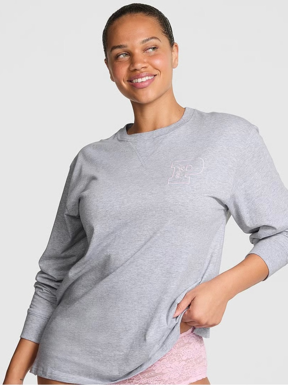 Victorias Secret PINK Long Sleeve Loose Fitting Tee Heather Grey Size Small NWT